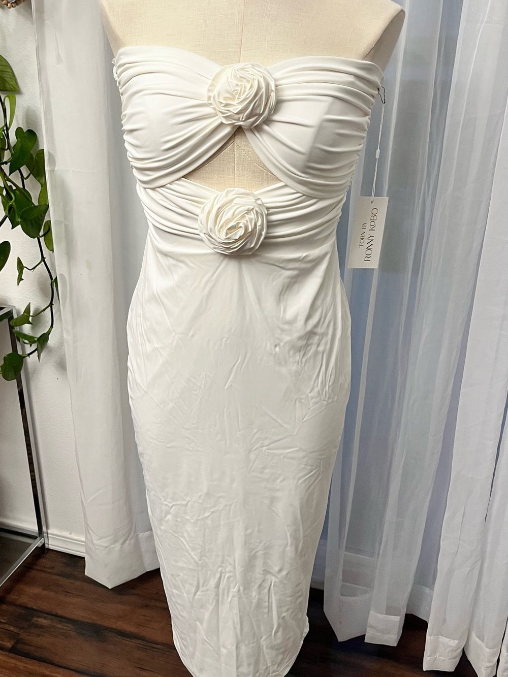Ronny Kobo Collection White Strapless Midi Dress with Rosette Detail